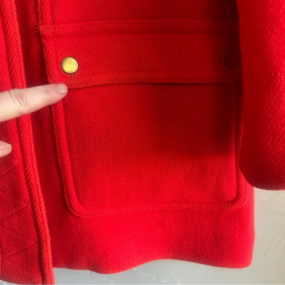 J. Crew Stadium Cloth Red Wool Coat w/ Faux Fur Hood Statement Winter Parka 2P - Picture 12 of 16